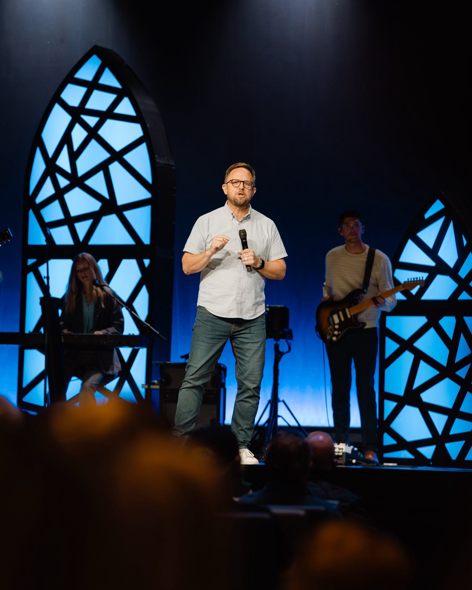 Crossings Community Church Custom Stained Glass Stage Backdrop Design